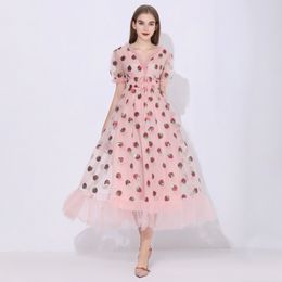 Sequins Strawberry Dress Women Sweet Mesh Vestido Autumn Sexy V Neck Puff Sleeve Pleated Big Swing Dress Women Party Dresses 210316