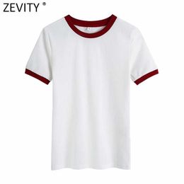 Zevity Women Basic O Neck Short Sleeve Casual Slim T-shirt Female Black White Patchwork Knitted Chic Summer Tops LS9019 210603