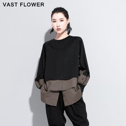 Patchwork Plus Size Fake Two Piece Tshirt Women New Vintage Loose Long Sleeve T-Shirt Femme Tops Clothes Fashion Spring 2021 210310