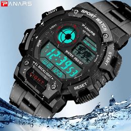 PANARS Brand Watches Mens Luxury Sports Men Watch Waterproof Stainless Steel Strap LED Alarm Clock relogio masculino Chronograph G1022