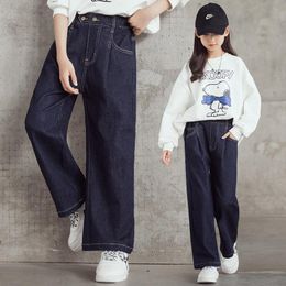 Jeans Girls Denim Wide Leg Pants Solid Colour Dark Blue For Casual Style Children Loose Autumn Children's Clothes 4-14Years