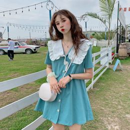 Sailor Dress Women Collar Short Sleeve A-line Fashion Sweet Loose Korean Style Students Mini Dresses Ulzzang Summer All-match C0304