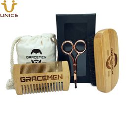 Hair Brush & Beards Comb and Mini Triming Scissors in Customised Bag Box MOQ 100 Set OEM Customise LOGO Bamboo Men Beard Kit Amazon's Chioce Supplier