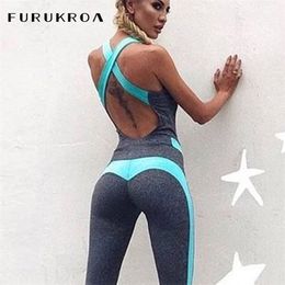 Women Sports Jumpsuit Patchwork Sport Pants Backless Tight Skinny Running Yoga Set Sexy Gym Fitness Workout Sportswear X255B 210802