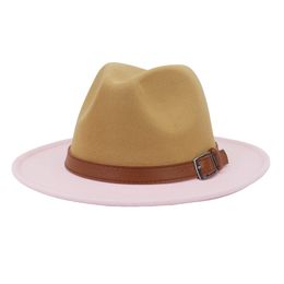 Trendy Camel and Pink Color Matching Fedora Hat Sombrero Panama Felt Jazz Cap Women Patchwork Party Formal Hat with Brown Belt