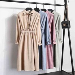 S-XL Bowtie Corduroy Dress Women Autumn Winter Lapel Single-breasted Elastic Waist Slim Vestidos Plus Size A-Line 210601