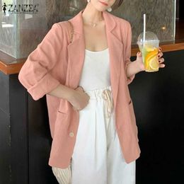 Casual Loose Elegant Outwear OL 2021 Fashion Cotton Linen Coat ZANZEA Solid Long Sleeve Cardigans Womens Autumn Blazer X0721