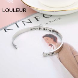 Louleur 6mm Width Keep Buck Going on Stainless Steel Bangle Lettering Jewelry Fashion Punk Men Jewelry Bracelet Lettering Carved Q0719