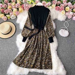 Women Vintage Sweater Dress Spring Autumn Lantern Sleeve Slim A Line Floral es Ladies Elegant Knitted Vestidos 210525