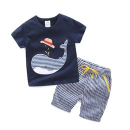 Summer 2-10 Years Little Cartoon Whale Fish Print T Shirt+Striped Shorts Drawstring Handsome 2 Piece Kids Boys Casual Sets 210625