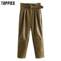 autumn winter army green leather pants high waist paperbage pants women sweatpants fashion streetwear Q0801