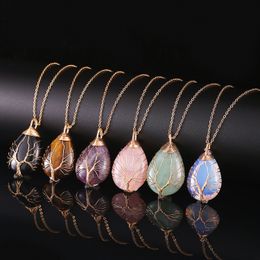 Wire Wrapped tree of life Chakra Teardrop Pendant Healing Crystal Energy Stone Quartz Necklaces Fashion Women Men Jewellery Wholesale
