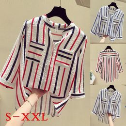 Korean Style Long Sleeve Blouse Loose Elegant Fashion Women Half Striped V-Neck Top Ladies Button Shirts Women's Blouses &