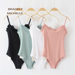 BRADELY MICHELLE summer cotton knitted tops for sexy women slim solid ruffles sleeveless bodysuit with hidden button 210303