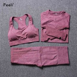 Peeli 3PCs Women Seamless Yoga Set Fitness Sports Suits Bra Long Sleeve Gym Crop Top Shirts High Waist Running Leggings 210802
