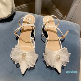 Sandals 2022 Summer Sweet Women Pearl Ankle Strap Knots White Stiletto High Heels Gladiator Bride Pumps Wedding Cinderella Shoes