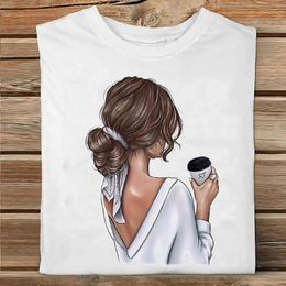 Women Short Sleeve Coffee Time Trend Cute Cartoon Sister Friends Clothes Print Tshirt Female Tee Top Ladies Graphic T-shirt X0527