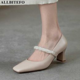 ALLBITEFO sweet Pearl genuine leather square toe brand high heels wedding women shoes women heels shoes high heel shoes 210611