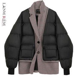 LANMREM Winter Turn-down Collar Plaid Patchwork Single-breasted All-match Stree Wear Black Cotton Padded Jacket 2A2947 211018