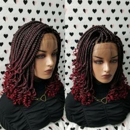 Human Hair Capless Wigs Ombre Red Short Box Braids Wig with Curly Tips Synthetic Fully Handmade Braided Lace Front for Black Women