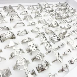 Wholesale 100pcs/Lot Mens Womens Stainless Steel Band Rings Silver Laser Cut Patterns Hollow Carved Flowers Mix Styles Fashion Jewellery Party Gift