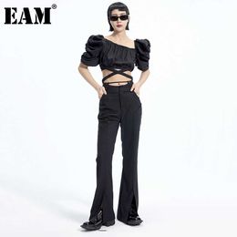 [EAM] High Waist Black Bandage Hem Slit Long Flare Trousers New Loose Fit Pants Women Fashion Tide Spring Summer 2021 1DE0609 Q0801