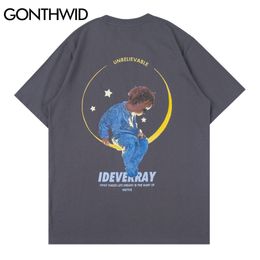 Tees Shirts Streetwear Harajuku Men Painting Kid Star Moon Print Short Sleeve T-Shirts Hip Hop Casual Cotton Loose Tops 210602