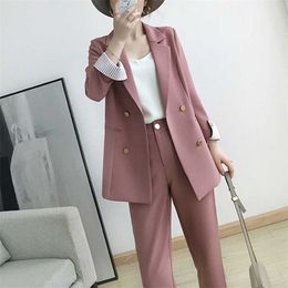 Women's suits autumn women's temperament double-breasted pink large size suit jacket casual feet pants set two-piece 210930