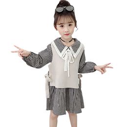 Teen Girls Clothing Vest + Plaid Dress Tracksuits For Bow Girl Lace Floral Children's 210528
