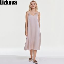 Lizkova Summer Satin Dres V-neck Sleeveless Vestidos Green Spaghetti Strap Robe Adjust 210623