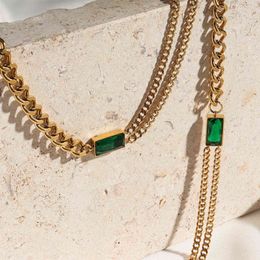 None-fade Stainless Steel 18K Gold Plated Vintage Emerald CZ Charm Creative Asymmetric Cuban Chain Choker Necklaces for Women H1125