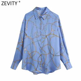 Zevity Women Vintage Chain Print Satin Casual Smock Shirt Female Breasted Retro Loose Blouse Chic Chemise Blusas Tops LS9350 210603