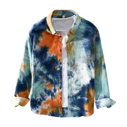 Corduroy Tie Dye Shirt for Men Fashion Casual Party Long Sleeve Tops Pure Male Cotton Japanese Streetwear Button Down Clothing 210601