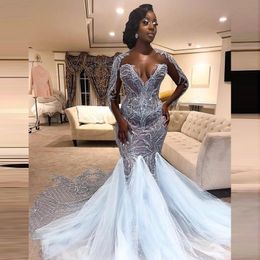 Ebi Aso 2022 Arabic Mermaid Wedding Dresses with Sheer Neck Beaded Lace Appliques Long Sleeves Plus Size Bridal Party Gowns