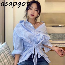 Office Lady Blue Turn Down Collar Single Breasted Irregular Lace Up Fake Two Piece Long Sleeve Striped Blouse Blusas Temperament 210610