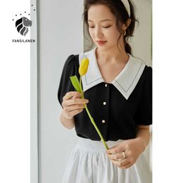 FANSILANEN Office Lady French Contrasting Colour Lapel Shirt Female Summer Short Sleeve Puff Blue Black 210607