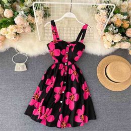 Retro Women Kleid Boho Dress Summer With Bar Sexy Ladies Floral Single Breasted A-line Party Vertidos Mujer 210525