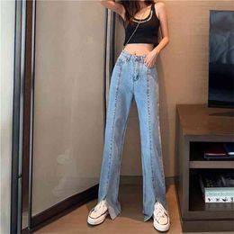 Straight Mom Jeans Women Autumn Spring Fashion Split Plus Size High Waist Wide Leg Street Wear Denim Trouser Girls 210601