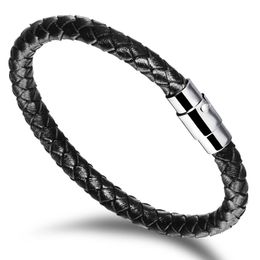 Charm Bracelets Casual Braided Leather Bracelet For Men Cool Magnetic Buckle Stainless Steel Jewelry-Accessories Wholesale Product