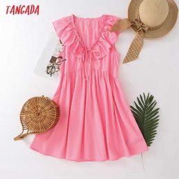 Tangada Summer Women Pink Ruffles Cotton Beach Dress V Neck Ladies Mini Dress Vestidos 4T07 210609