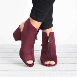 Fashion Ankle Boots Faux Suede Size 36-42 Leather Casual Open Peep Toe High Heels Zipper Square Rubber Black Women Shoes 2019 X0526