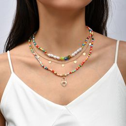 3 Pcs/Set Bohemian Female Handmade Beaded Multicolor Glass Beads Necklaces For Women Gold Colour Chain Heart Pendants Necklace