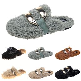 Cheaper Newly autumn winter womens slippers metal chain all inclusive wool slipper for women Brown outer wear plus big szie Muller half drag shoes