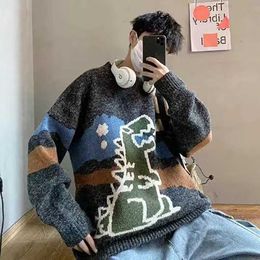 Autumn dinosaur cartoon print sweater male O-neck long-sleeved fashion knitted pullover casual wild couple winter 210909