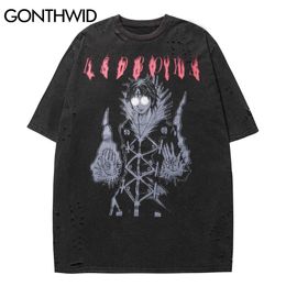 GONTHWID Oversized Tshirts Streetwear Hip Hop Ripped Distressed Holes Cartoon Anime Short Sleeve Tee Shirts Harajuku Casual Tops C0315