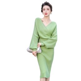 Green winter Sweater Knitted Suit 2 piece set ladies Korea Loose Long Sleeve V neck Off shoulder Midi Skirt Party night Set 210602
