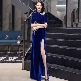 Ethnic Clothing Perspective Backless Velvet Cheongsam Appliques Floral Half Sleeve Qipao Chinese Mandarin Collar Vestidos Dreamy Banquet Dre