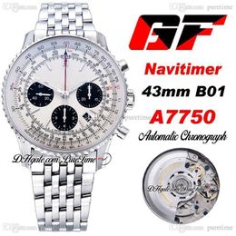 GF B01 ETA A7750 Automatic Chronograph Mens Watch White Dial Black Subdial Stainless Steel Bracelet Super Edition 2021 PTBL Puretime A36b2