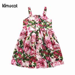 Kimocat Girl Summer Beach Style Kids Dress Sleeveless rose flower Printing Suspender Dresses Children Costume Kids Clothes Q0716