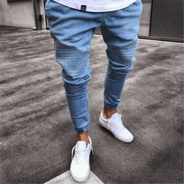 Men Stylish Pleated Jeans Pants Biker Skinny Slim Straight Frayed Denim Trousers New Fashion skinny Elastic zipper jeans X0621
